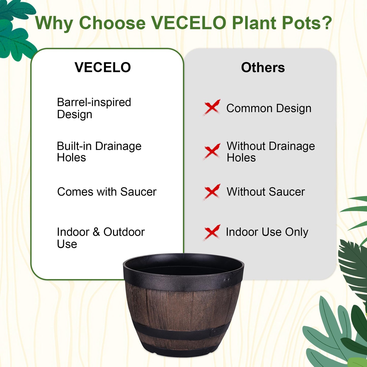 VECELO Plant Pots with Drainage Holes & Saucer, 11.3 Inch Flower Pots with Tray, 4 Pack Plastic Whiskey Barrel Planters for Indoor & Outdoor Garden Home Plants and Flowers