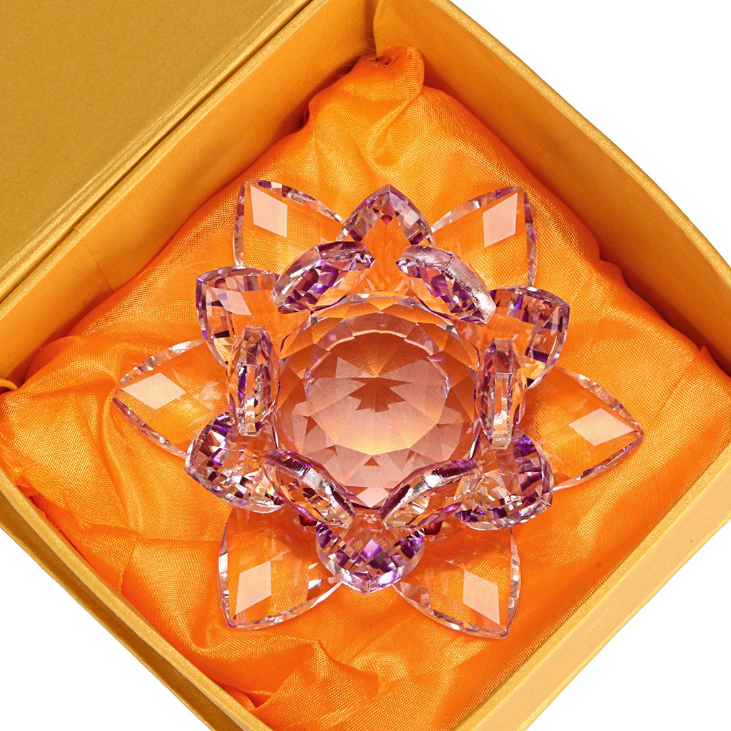 OwnMy Sparkle Crystal Lotus Flower Hue Reflection Feng Shui Home Decor with Gift Box (4 Inch/ 100MM Purple)