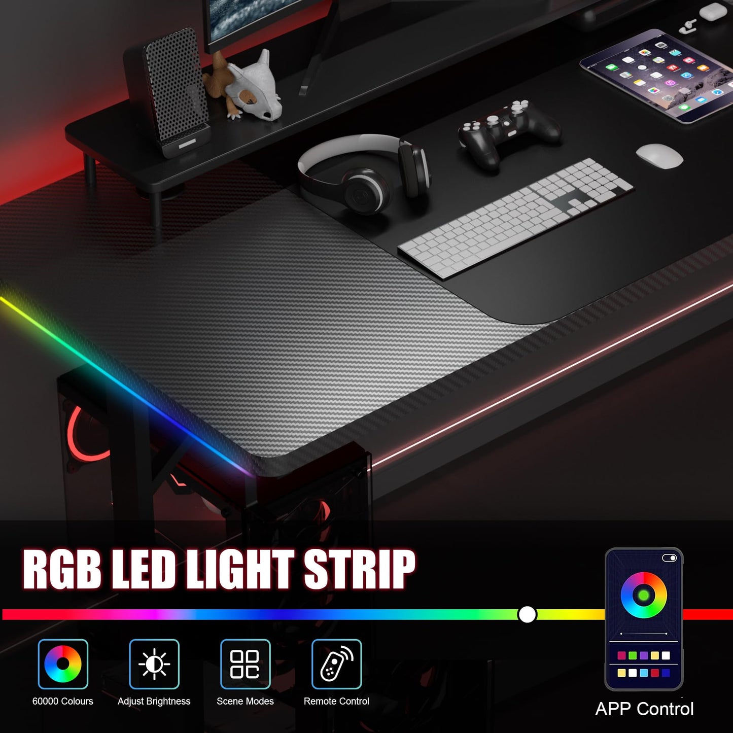 GTRACING 55 Inch Gaming Desk with LED Lights, Large Computer Desk with Mouse Pad for Home Office, T-Shaped Carbon Fibre Surface PC Game Workstations with Headphone Hook