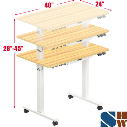 SHW 40-Inch Mobile Electric Height Adjustable Sit to Stand Desk with Drawer, Hanging Hooks and Cable Management, Oak