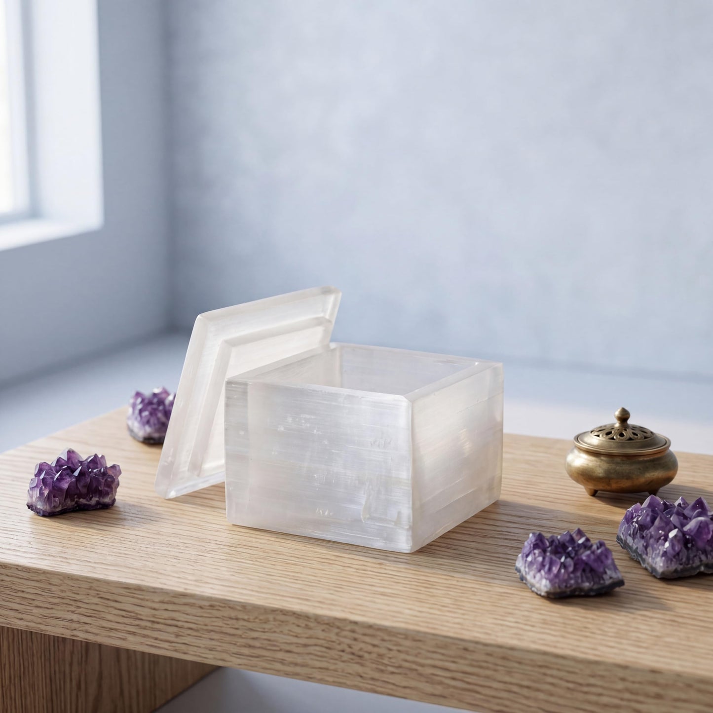 Natural Selenite Crystal Box, 4-Inch Stone Holder with Lid, Artisan-Crafted Geode Bowl for Energy Cleansing, Jewelry Storage, Meditation