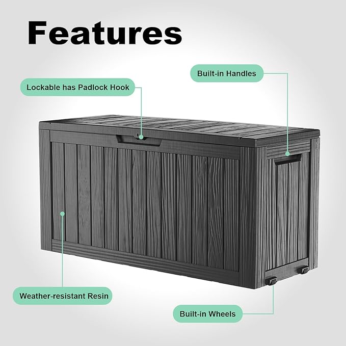 DRATO 75 Gallon Deck Box, Waterproof Resin Large Outdoor Storgae Box for Patio Furniture, Patio Cushions, Gardening Tools, Pool Supplies, Lockable（Black，75 Gallon）