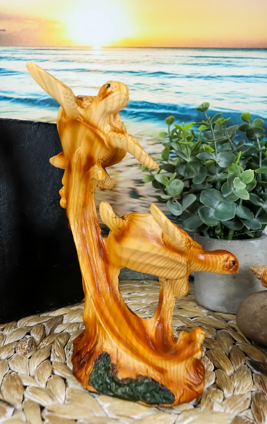 Ebros Exploring Sea Turtles Decor Statue 7.5" Tall in Faux Wood Resin Finish Marine Life Turtle Family Scene Figurine As Coastal Nautical Under The Sea Decor for Reptiles Aquatic Sculpture