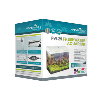 AllPondSolutions Nano Fish Tank with Filter and Light - Rectangular Aquarium Tank with LED Light, Tray Filter System, Curved Glass Front, 90° Tilting Hood - Cold Water Tropical Fish Tank - 29L, White