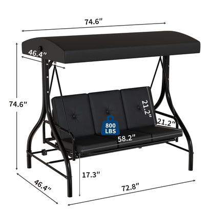 Garvee 3 Seater Outdoor Porch Swing with Stand for Adults, 2-in-1 Convertible Design Patio Swing, Thick Soft Cushion & Adjustable Removable Canopy, for Backyard Garden Patio Poolside - Black