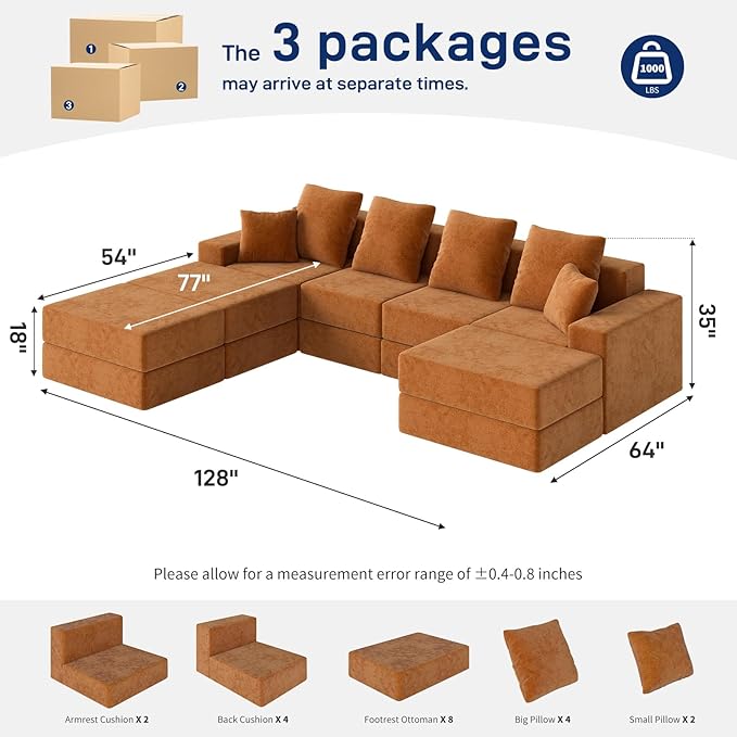 Living&Giving 128" U-Shaped Cloud Sectional Couch