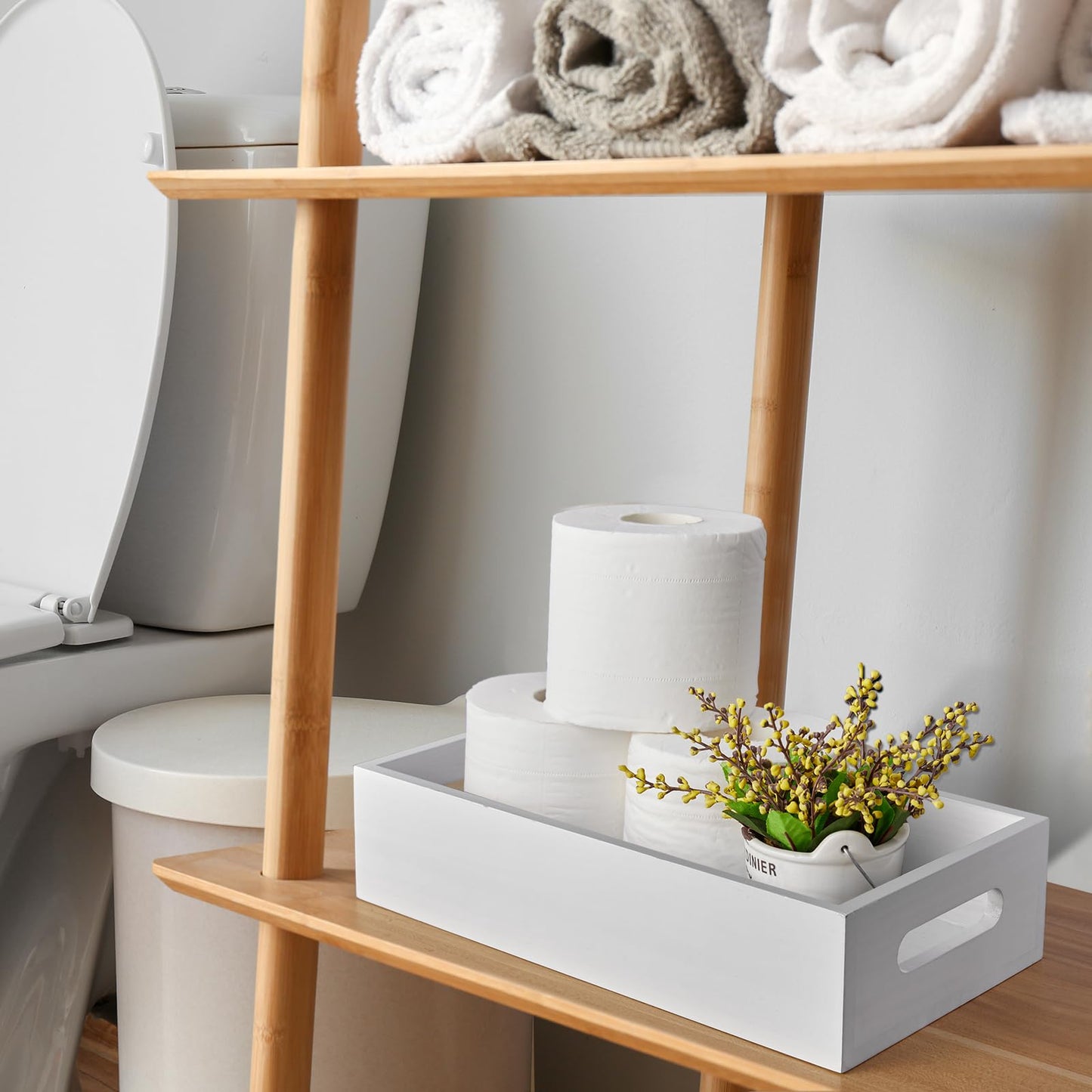 ALELION White Bathroom Basket - Wooden Toilet Tank Paper Basket with Handle for Organizing - Back of Toilet Storage Organizer for Bathroom Tank Topper Counter - White Bathroom Decor Box
