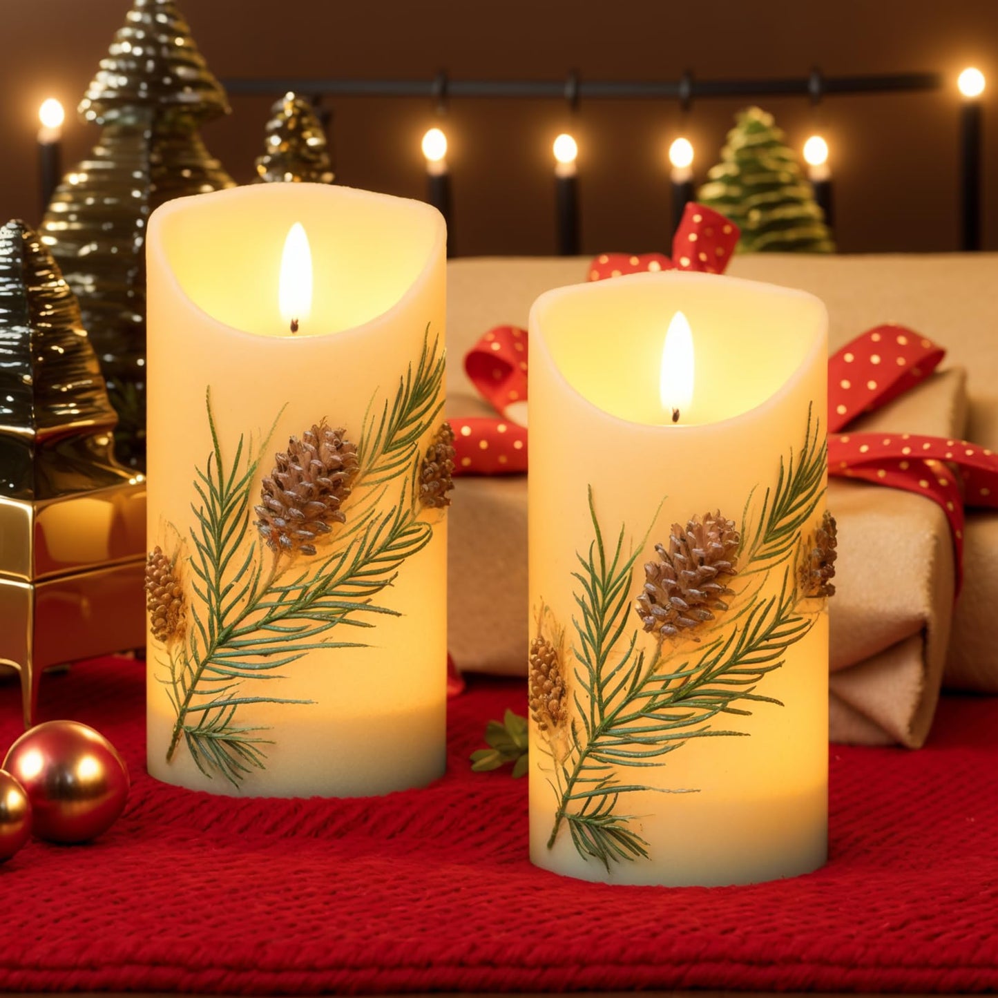 Wondise Flameless Candles with Timer, Battery Operated Flickering 3D Wick Real Wax Pine Cone Candles for Christmas Holiday Indoor Decoration, Set of 2, Ivory(D3 x H5.7 Inch)