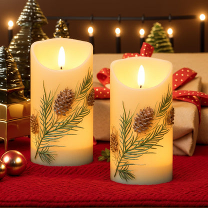 Wondise Flameless Candles with Timer, Battery Operated Flickering 3D Wick Real Wax Pine Cone Candles for Christmas Holiday Indoor Decoration, Set of 2, Ivory(D3 x H5.7 Inch)