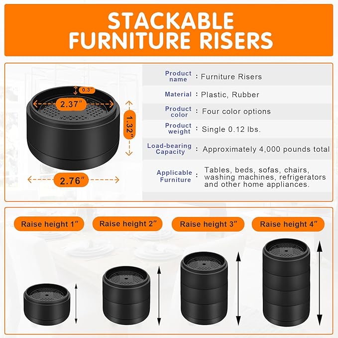 Furniture Risers Bed Risers Heavy Duty 1 inch, 2 inch, 3 inch, 4 inch Round