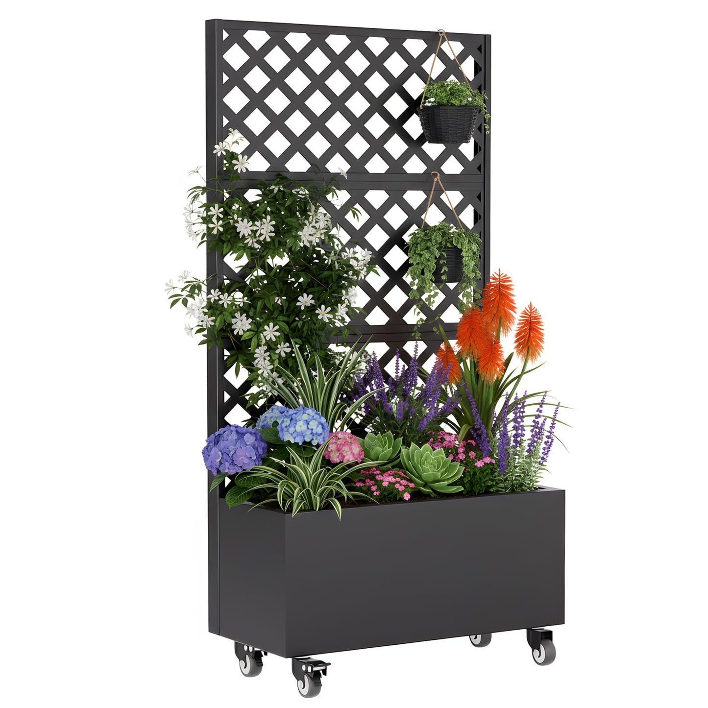 ZenithZest Metal Planter with Trellis, 72"x36"x16" Raised Garden Bed with Trellis and Wheels, Planter Box with with Privacy Screen for Climbing Plants, Flowers, Vegetables, Fruits