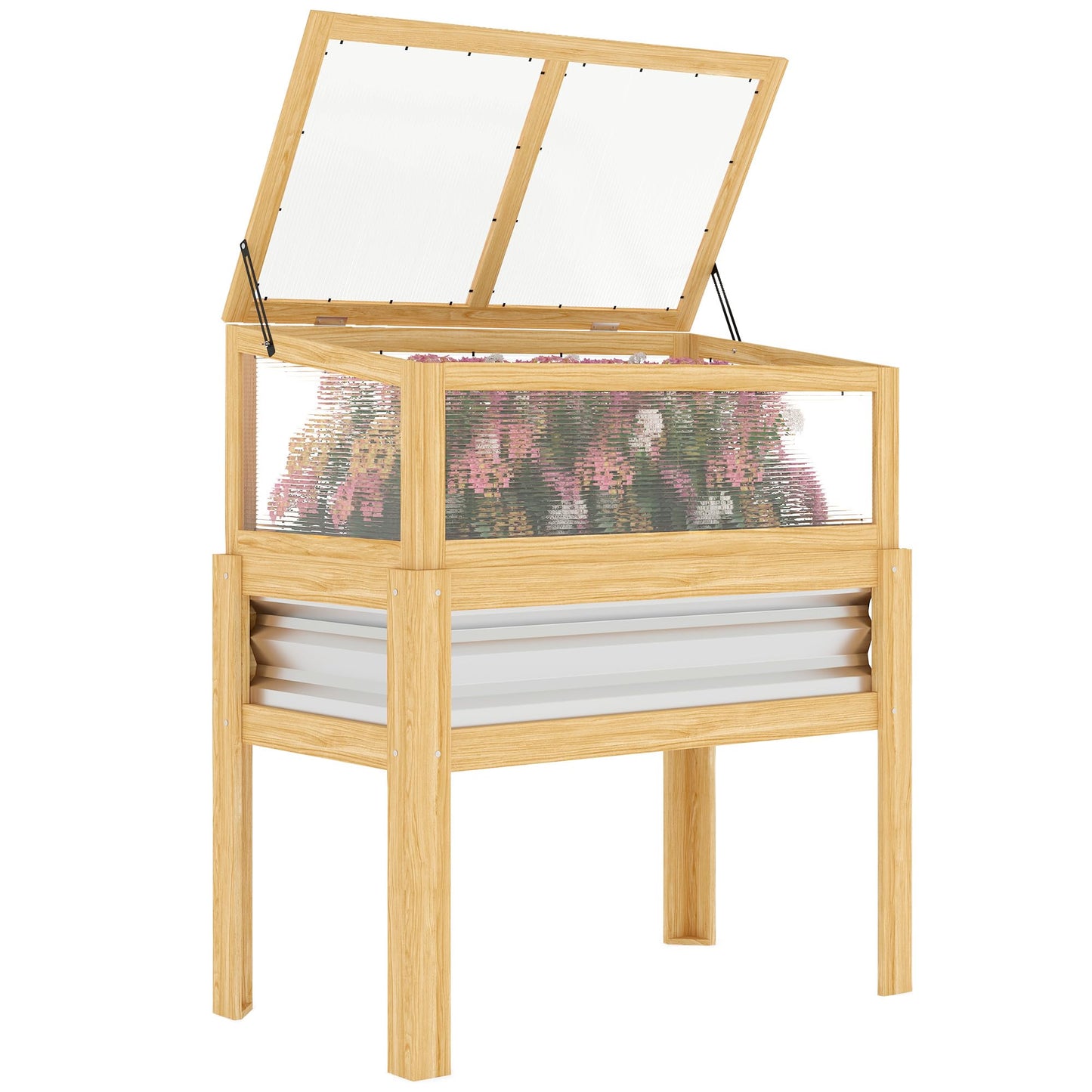 Outsunny Wooden Raised Garden Bed with Flip-Up Greenhouse Top, Raised Garden Bed with Legs and Bed Liner, Elevated Planter Box for Flowers, Vegetables, Herbs, Natural