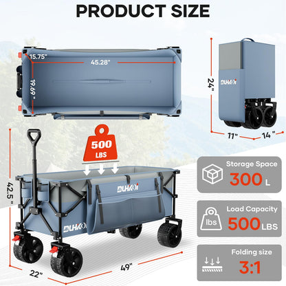 Duhkoi 49" L Collapsible Extended Wagon with 500lbs Weight Capacity,300L Heavy Duty Sports Wagon,Big All-Terrian Wheels with Cup Holders,Cart for Sports,Grocery,Shopping(LightBlue)