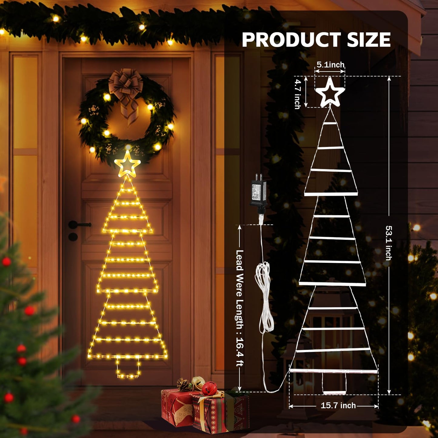 (New) Christmas Lights, 4.6ft Christmas Decoration with Star Topper, Hanging Xmas Ornament with 8 Modes, Tree-Shaped Santa Ladder for Doors, Walls and Windows - Warmwhite