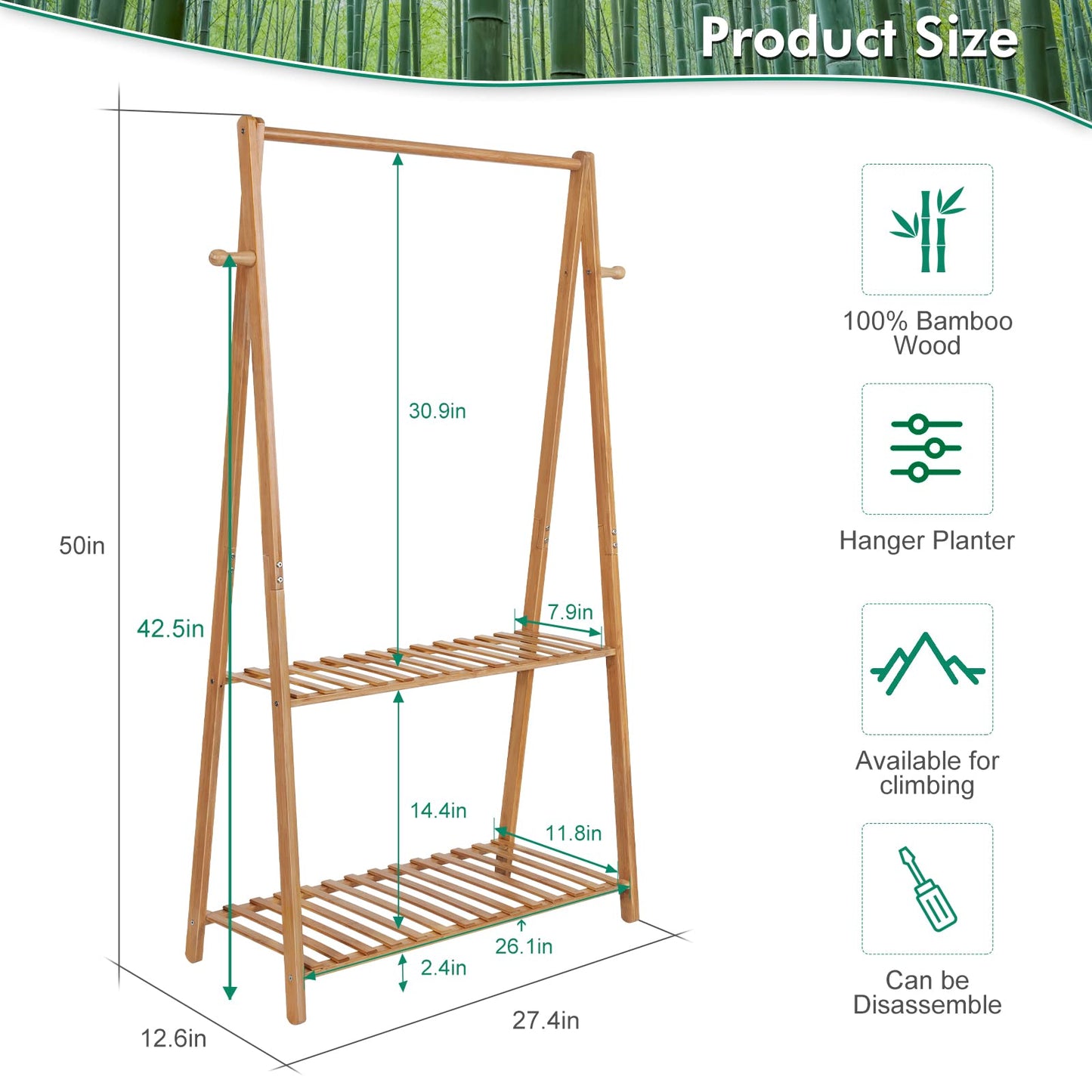 Tovacu Hanging Plant Shelf Indoor Outdoor Plant Stands Wood Flower Stand 2 Tiered Bamboo Plant Shelves Holder Rack for Patio Balcony Garden (Tall,50 inch)