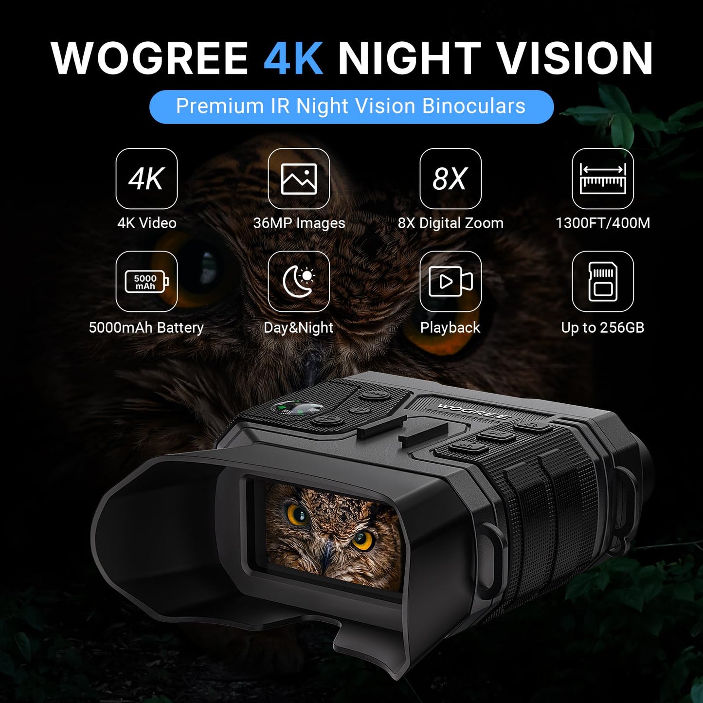 WOGREE Night Vision Goggles, 4K Night Vision Binoculars for Adults, 36MP Photo, 5000mAh Rechargeable Battery, 1300FT Range, 8X Digital Zoom, Infrared Vision, 32GB SD, Flashlight & Compass for Camping