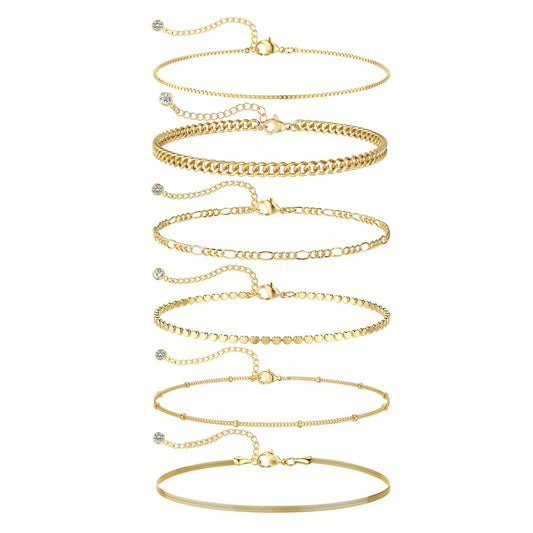 DEARMAY Dainty 14K Gold Plated Chain Bracelet Set for Womens Trendy Waterproof Gold Jewelry Fashion Stackable Box Cuban Figaro Herringbone Link Bracelets Pack Stack Gifts
