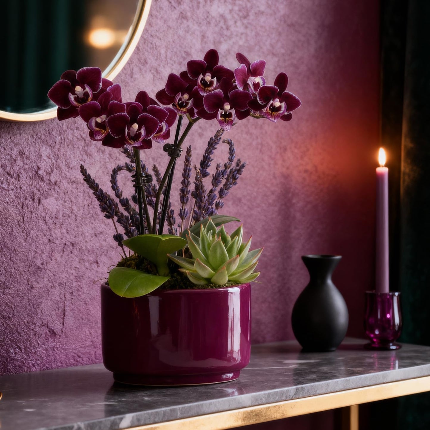 Wild Interiors Green Circle Growers Mini Dark Purple Orchid & Succulent Arrangement in Purple Ceramic Jan Pot with Moss, Mom Wood Pick & Lavender Accent – Live Indoor Gift Plant, 4 Inch