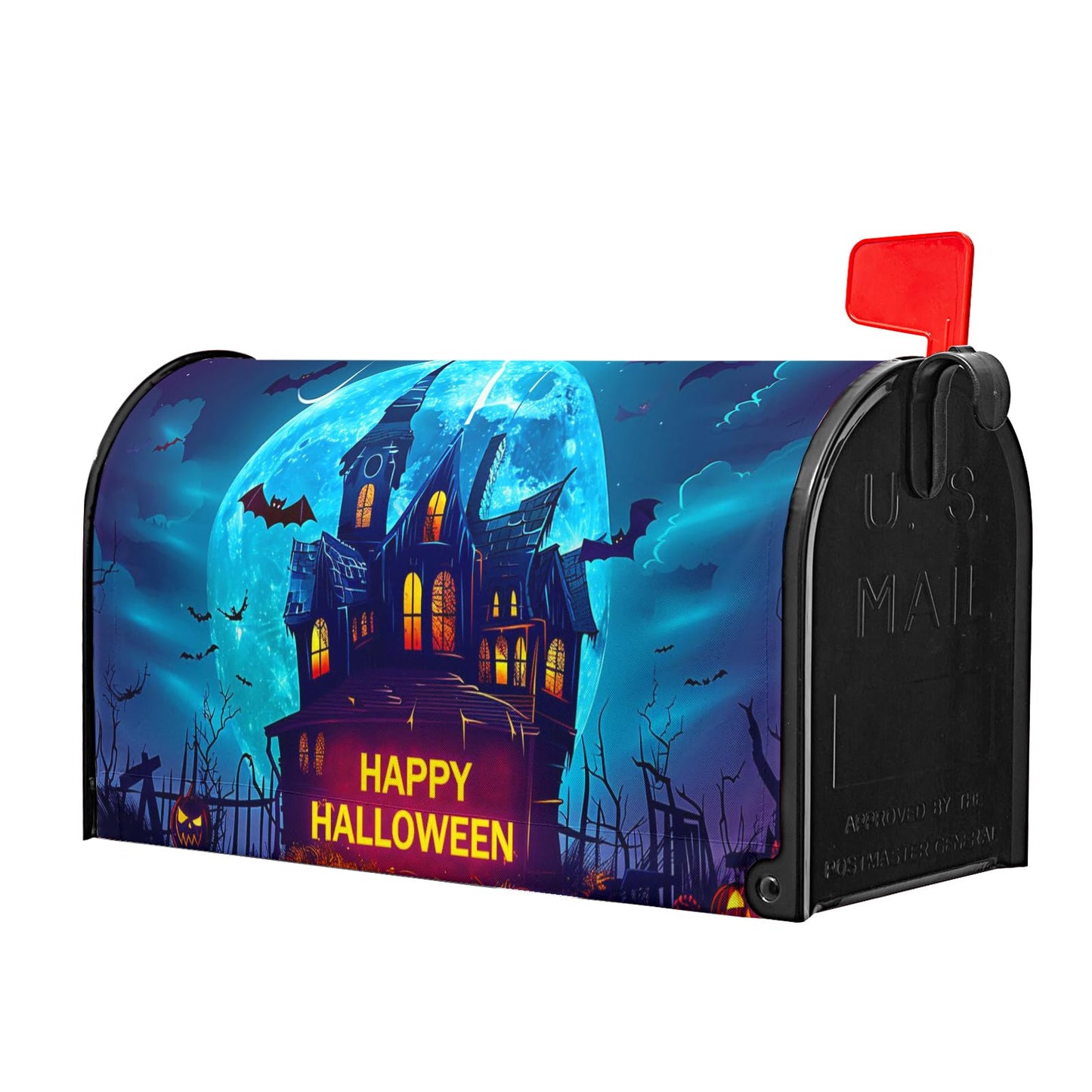 Happy Halloween Mailbox Covers Magnetic Scary Night Haunted House Waterproof Mail Box Wraps Large Size 25.5x21 Inch Full Moon Bats Decorative Blue Letter Box Cover for Home Garden Yard Outside