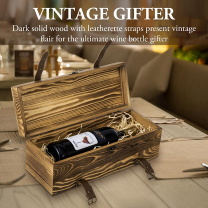MyGift Wooden Wine Gift Box, Whiskey Box with Locking Latch & Leather Straps, for Christmas, Wedding Champagne, Beer,Vintage Rustic Brown, 14x5x5 Inches