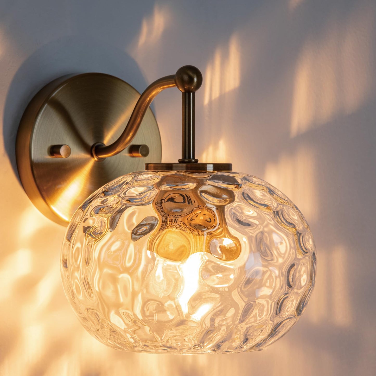 Wrlmfy Modern Iridescent Glass Wall Sconce Gold Brass Wall Light Set of 2 Hammered Clear Glass Vanity Light for Bedroom Hallway Living Room Stairwell Bathroom Over Mirror