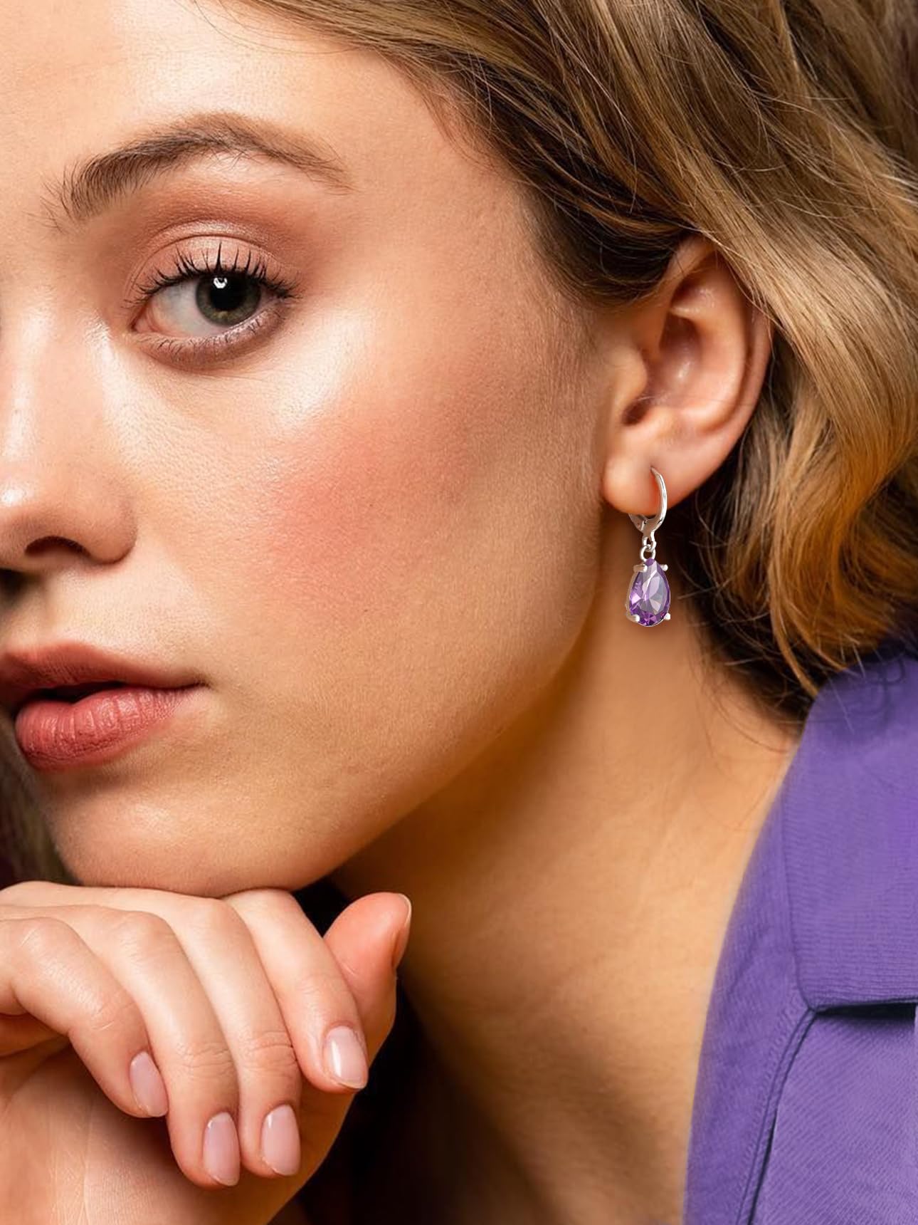 Bestyle Created Alexandrite Purple Birthstone Earrings for Women - Teardrop Earrings Small Silver Dangle Hoop Earrings for Women - Dainty Cute Earrings for Birthday Wedding Party