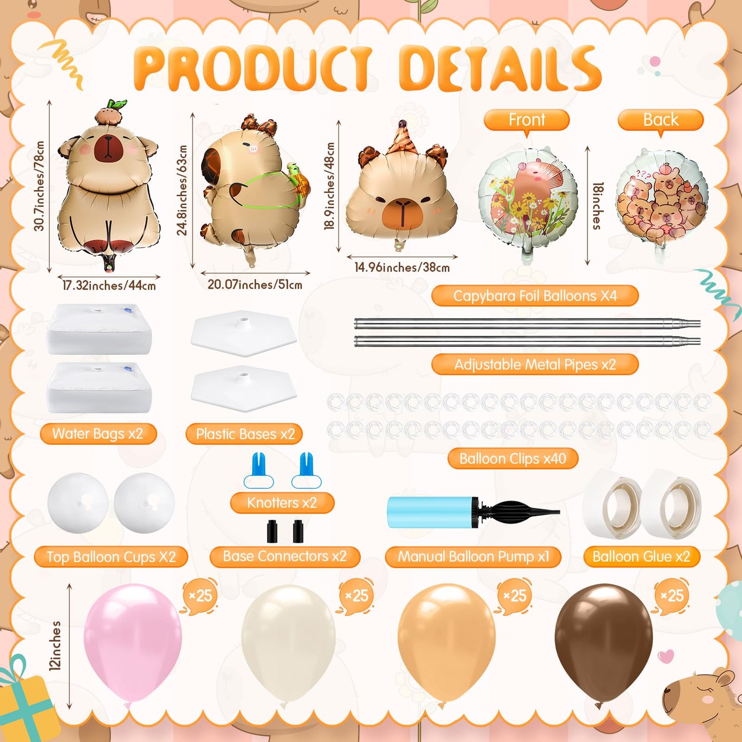Kasyat 2 Sets Capybara Balloon Column Stand Kit Pink Brown Beige Orange Balloons Arch Garland for Capybara Birthday Party Gender Reveal Baby Shower Animal Theme Decoration