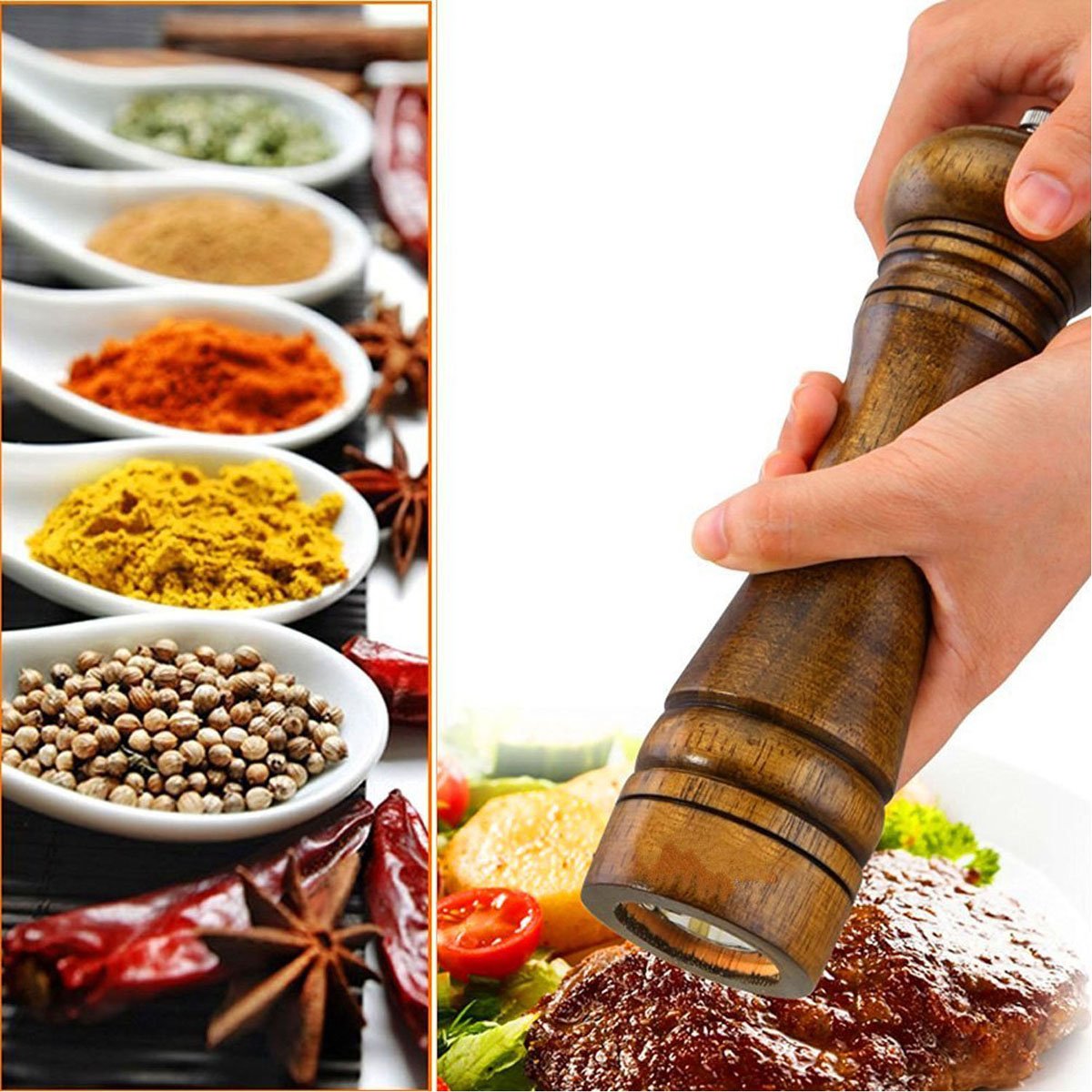 BINHAI Salt and Pepper Mill Set, Wooden Pepper Grinder Set Salt Pepper Grinder Kit Manual Mills Solid with Strong Adjustable Ceramic Grinders 2 Piece 8 Inches