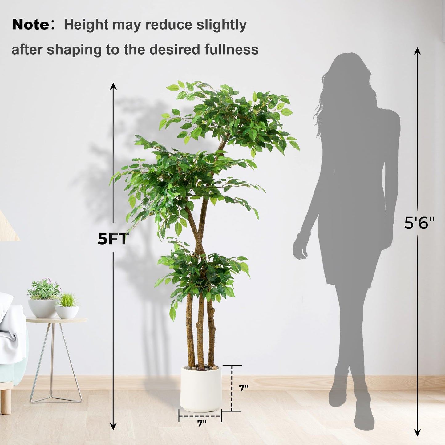 5FT Artificial Ficus Tree with White Planter and Pebbles,Faux Silk Tree with Lifelike Leaves and Realistic Trunk,Tall Fake Potted Plant for Home and Office Décor Indoor and Outdoor (5FT)