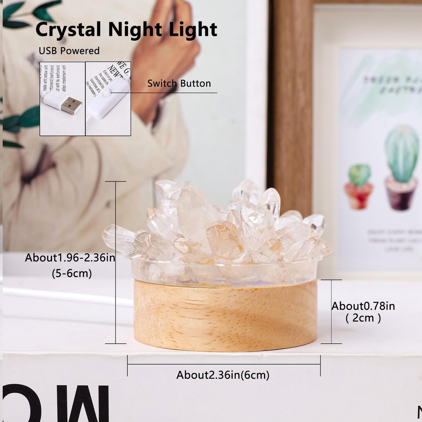 Runyangshi Natural Crystal Night Lamp Bedroom Bedside Sleep Night Light Clear Healing Single Crystal Gemstone Quartz Ambient Light USB Powered Night Decoration Desktop Ornament for Home Decor Gift