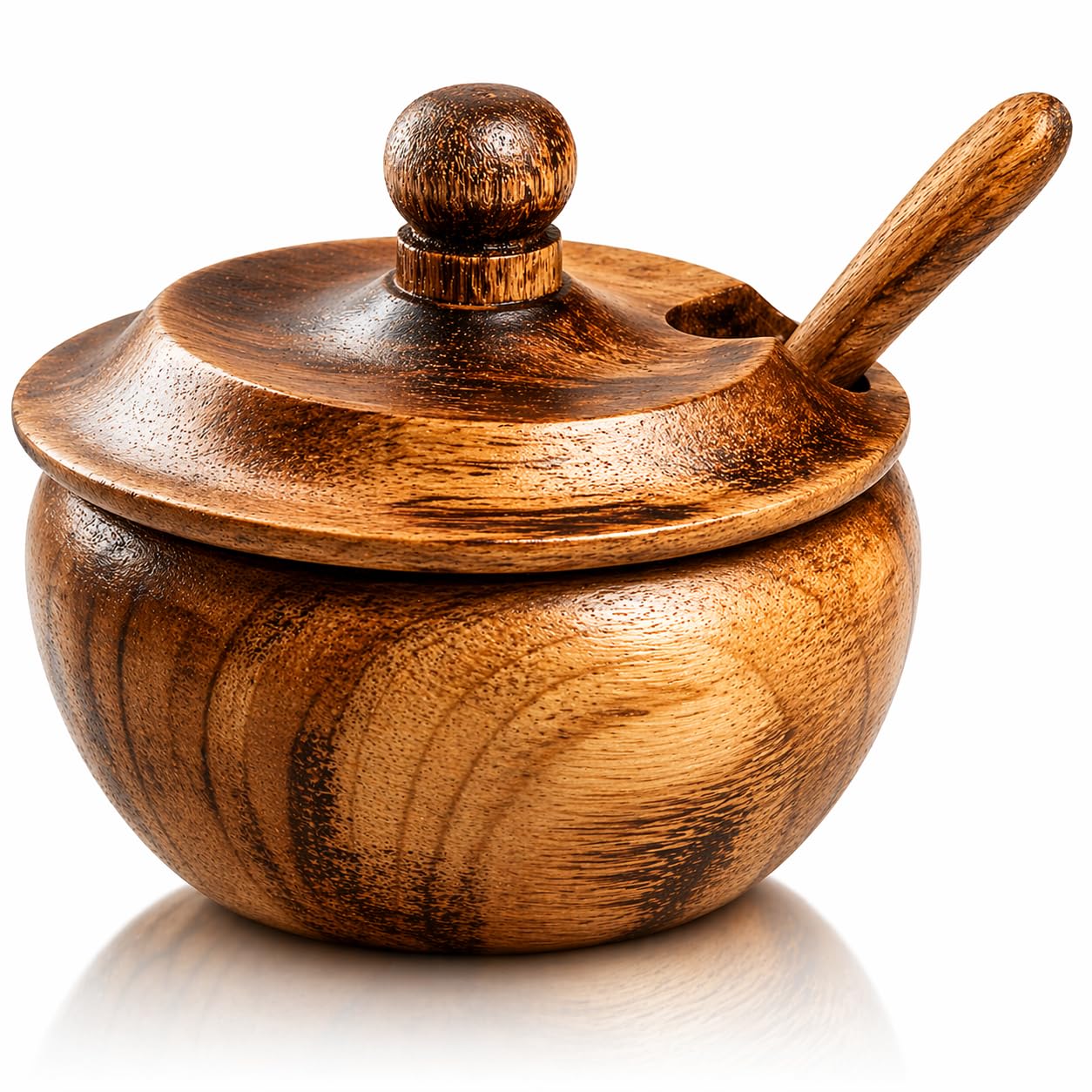 Decorative Rustic Wooden Sugar Bowl & Spoon With Lid Wide Mouth Candy Treat Jar Spice Jar Holder Condiment Nuts Serving Bowl Pot Salt Spice Herb Loose Leaf Tea Storage Container Novelty Home & Kitchen