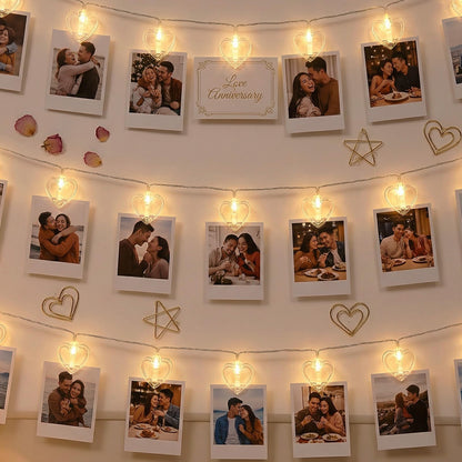 20 Photo String with Clips for Hanging Pictures,9.85Ft Valentine's Day Clear Photo Clip Lights for Wall Bedroom Wedding Birthday Party Home Decorations (Heart-USB)