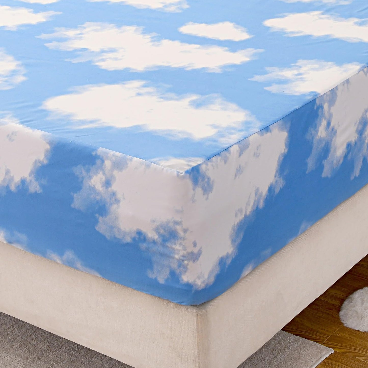 NATURETY Bedding Fitted Sheet with Deep Pocket for Single Bed Mattress Cover Sheets,White Cloud Printed Fabric Bed Sheets (Blue Sky, Twin)