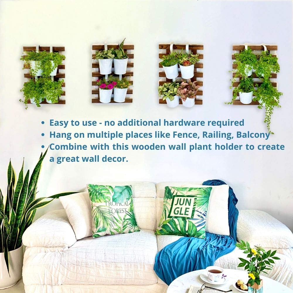 ShopLaLa Bundle - 6" Pot + Wooden Plant Holder, White Large Metal Flower Pot, Vertica Hanging Planters for Indoor Plants, Wall Mounted Plant Stand Ladder Outdoor Display Garden, Wooden Trellis Plants