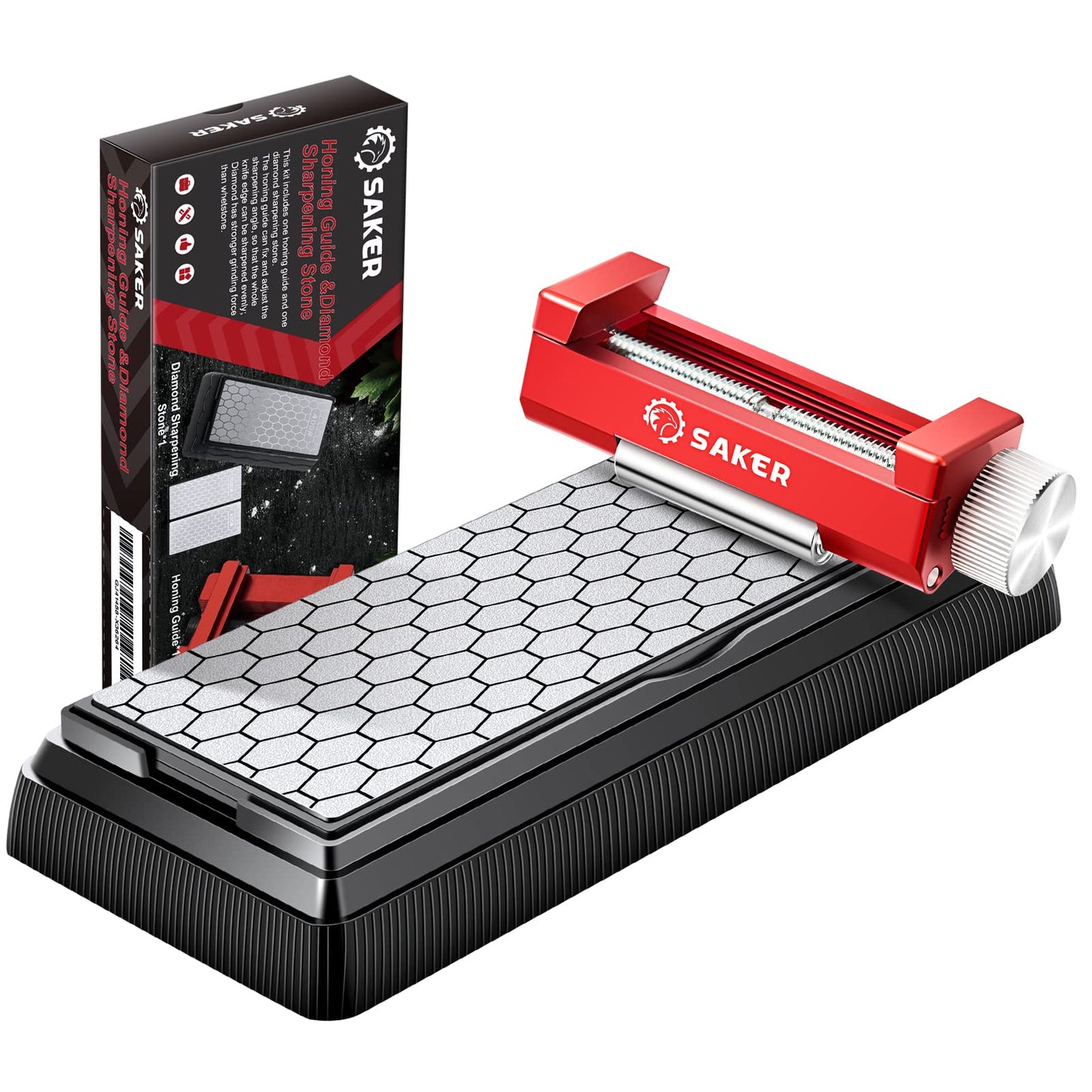 Saker Honing Guide with Whetstone - Red Off-Center Upgraded Honing Tool and Diamond Sharpening Stone Set Kit for Kitchen Knife, Short Chisels and Planes, Fine/Coarse Plate, 400/1000/Grit