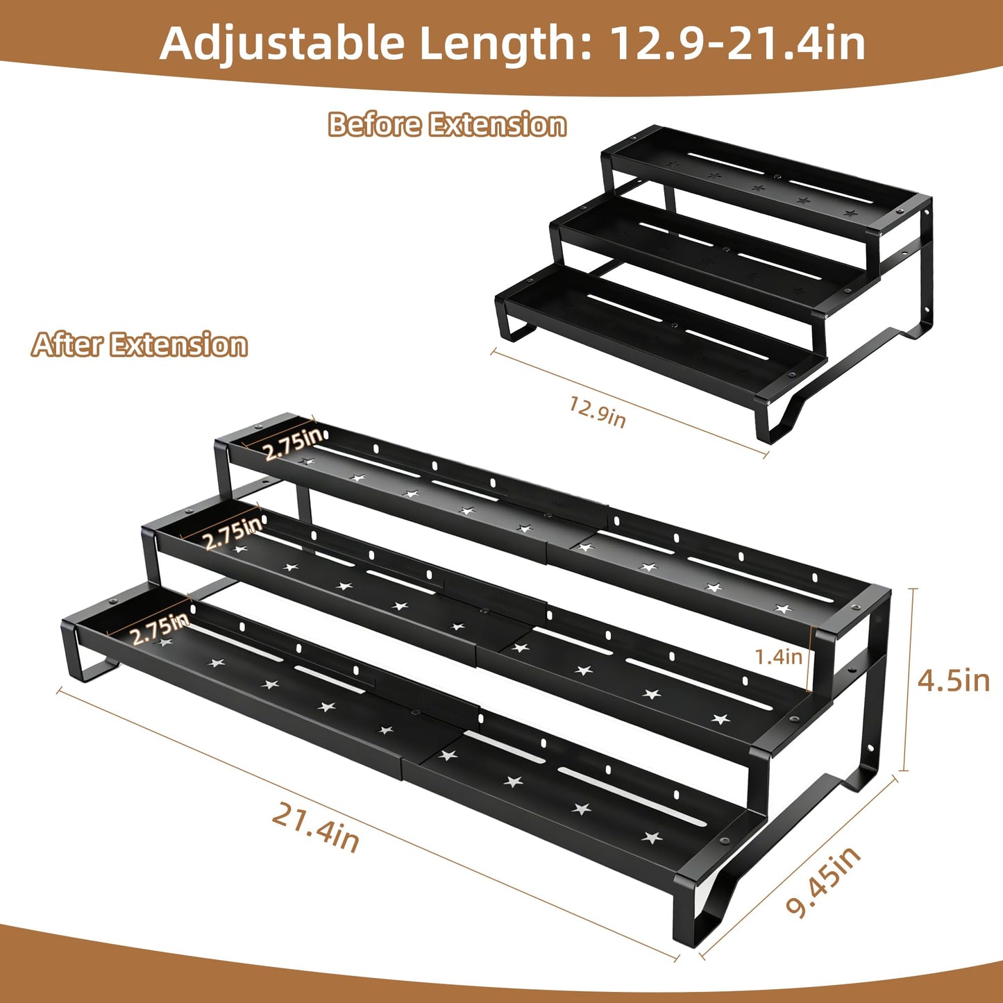 SANKEU Expandable Spice Rack Organizer for Cabinet 3 Tiered Metal Seasoning Organization with Guardrails Spice Shelf Storage for Jars Adjustable Length 13"-21" Black 1Pack