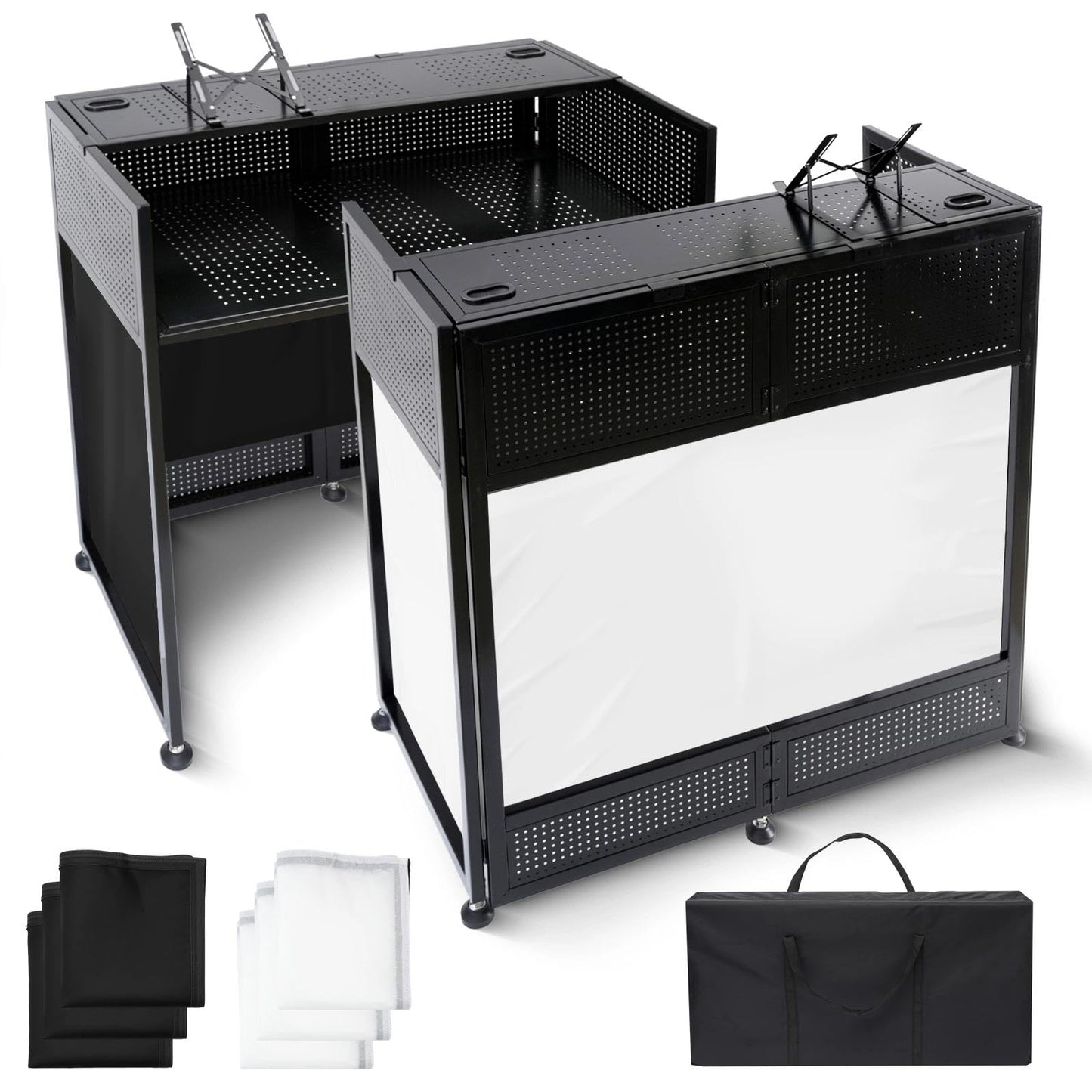 Portable DJ Booth Table, 41"L x 20"W DJ Table Stand Portable Booth Double Deck, Adjustable DJ Facade Station with White & Black Scrim, Foldable Metal Frame DJ Booth Panel for Parties, Wedding, Bars
