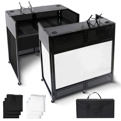Portable DJ Booth Table, 41"L x 20"W DJ Table Stand Portable Booth Double Deck, Adjustable DJ Facade Station with White & Black Scrim, Foldable Metal Frame DJ Booth Panel for Parties, Wedding, Bars