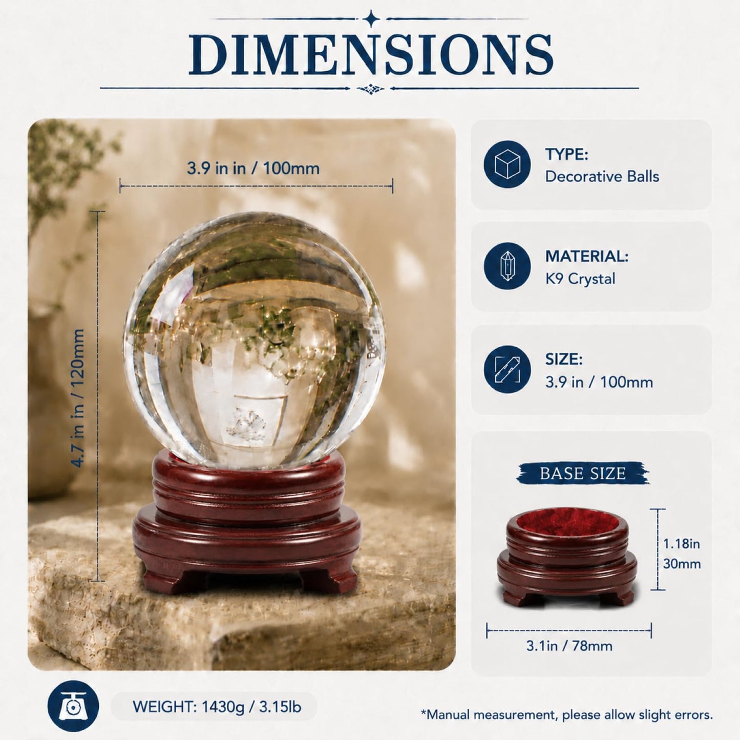 Woodvine Crystal Ball 100mm Clear K9 Crystal Ball with Wooden Stand and Gift Box, Crystal Sphere for Meditation, Feng Shui Decor, Lensball Photography Prop, Office Decor Gift (Clear-100mm)