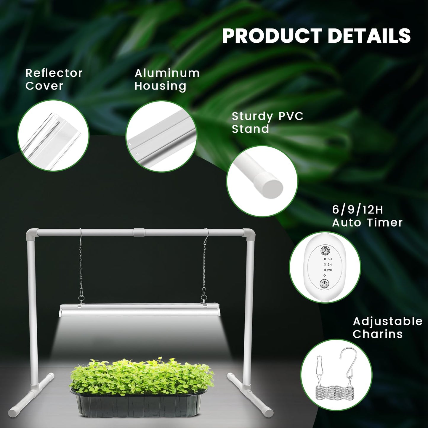 Wolezek Grow Lights for Seed Starting with 6/9/12H Timer, 2ft T5 144 LEDs Full Spectrum Grow Light Seedling with Stand for Indoor Plants, 32W High Output Seed Starter Light Kit, Height Adjustable
