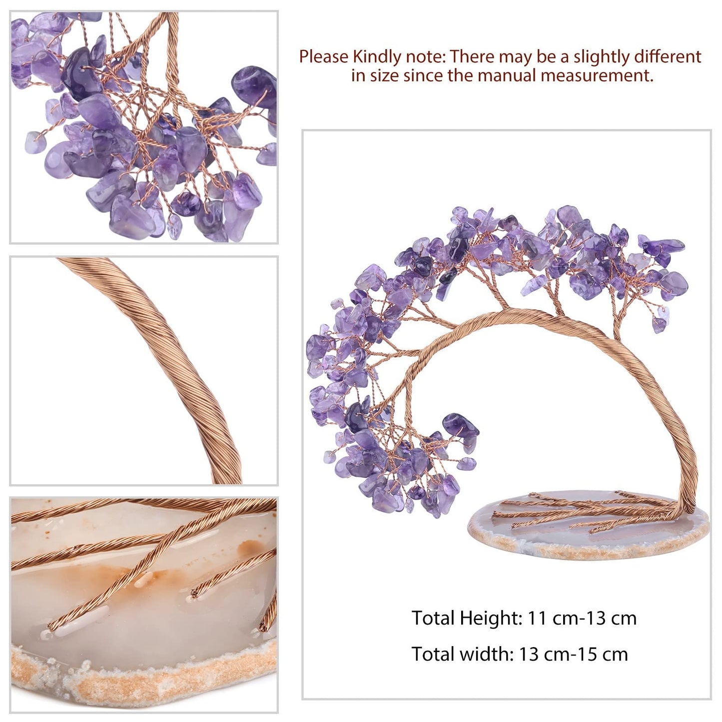 TUMBEELLUWA Reiki Crystal Money Tree with Agate Slice Base Feng Shui Stone Bonsai Tree Figure Decor for Happiness Good Luck and Wealth, Amethyst Stones