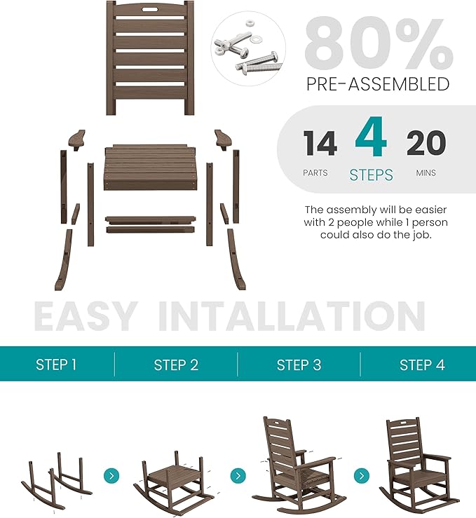 SERWALL Outdoor Rocking Chair, Oversized Rocking Chair with Footrest for Adults, HDPE All Weather Resistant Rocking Chairs for Patio, 350lbs Weight Capacity, Coffee