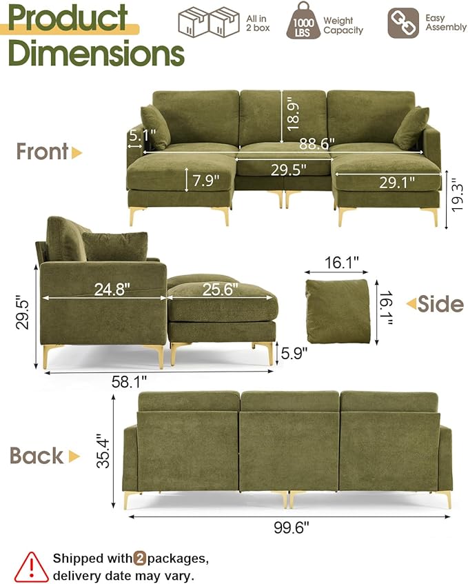 Karl home 99.6" Sectional Sofa, U-Shaped Chenille Upholstered Couch
