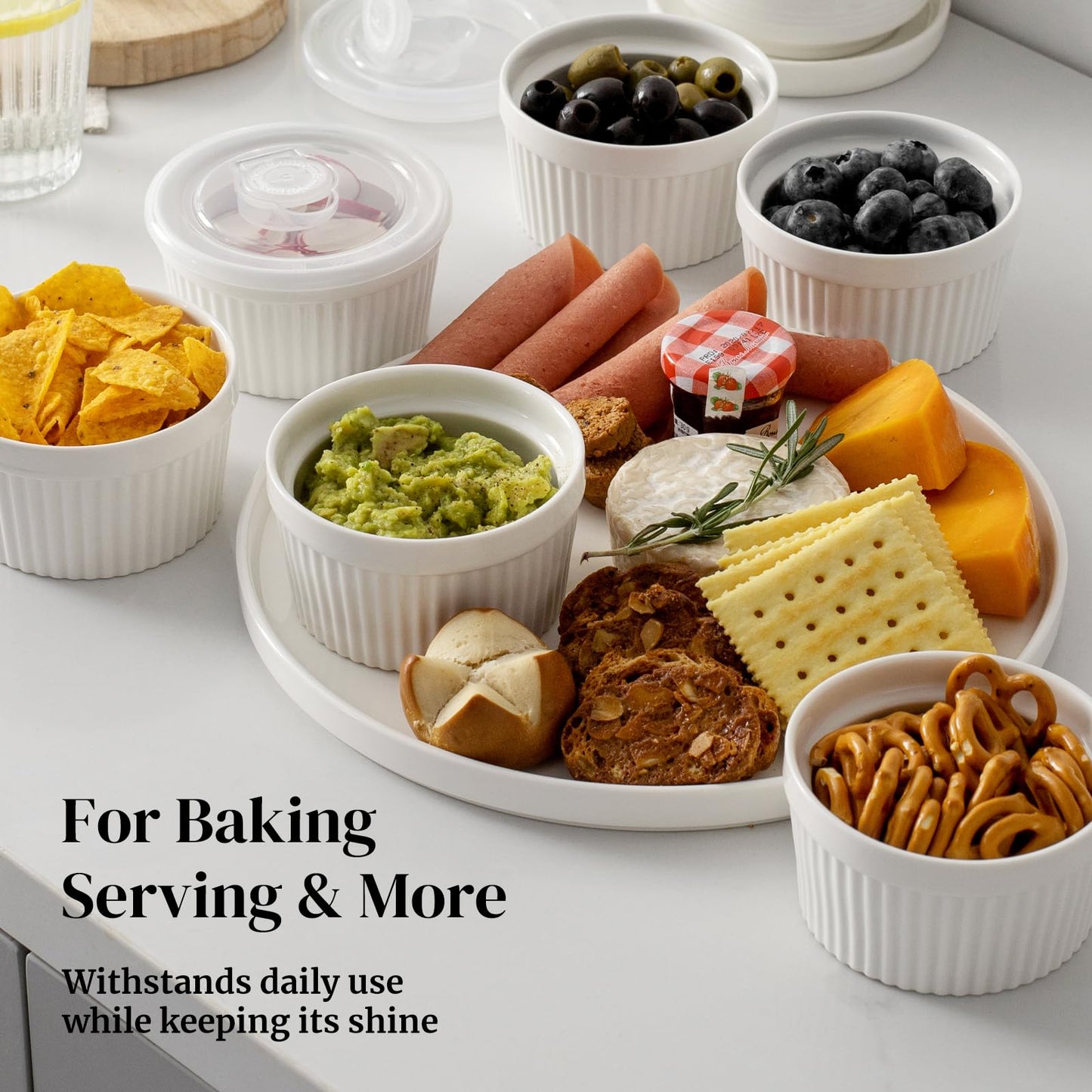 DOWAN Ramekins 8 oz Oven Safe with Lids, Creme Brulee Ramekins Bowls, Porcelain Ramiken Souffle Dishes, Custard Cups for Baking, Small Bowls for Pudding Dip Sauces Dessert, White, Set of 6