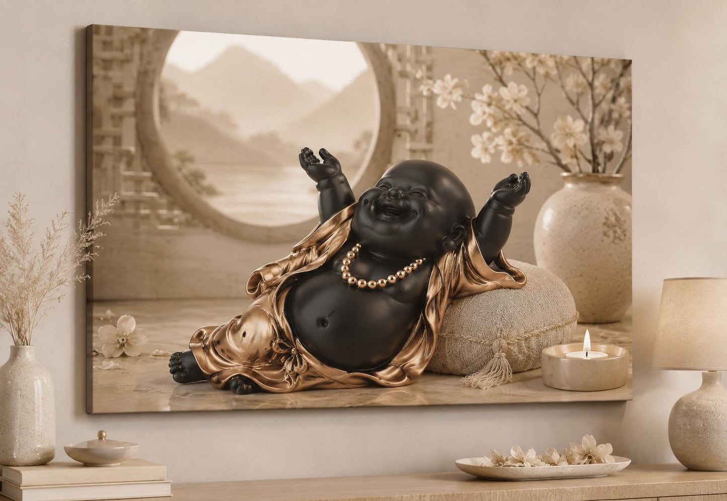 ICE ARMOR Large Laughing Buddha Canvas Print 24x36 Inch Frameless Zen Spiritual Decor Fantasy Meditation Art for Living Room Bedroom Spa Decor - Ready to hang