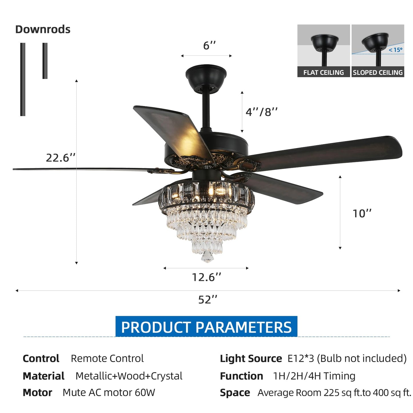 RIENAZA Modern Crystal Ceiling Fans with Lights and Remote Control, Farmhouse Retro Black Ceiling Fan Light, 52 Inch Fandelier Ceiling Fan for Living Room, Dining Room, Bedroom, Office