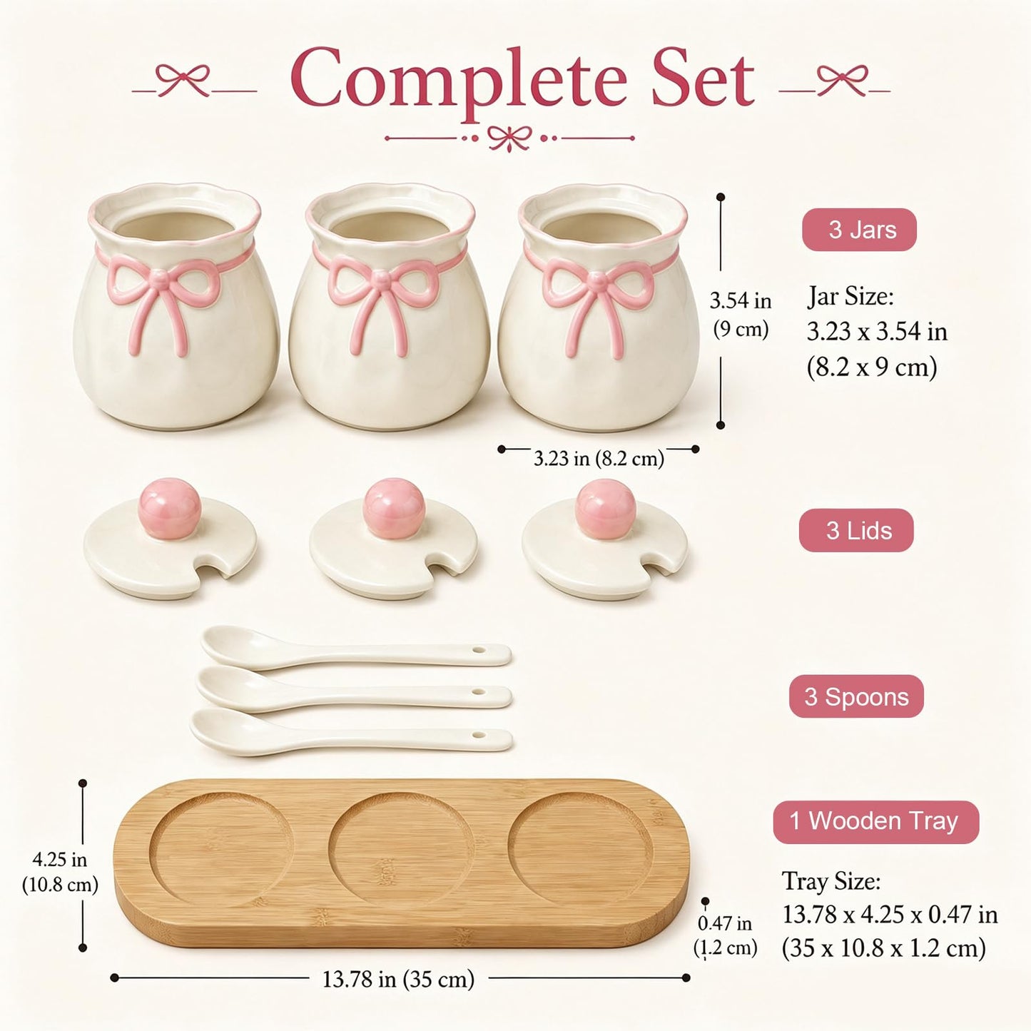 Domensi 3 Piece Pink Bow Condiment Jars Set with Spoons and Wooden Tray, 12.85 oz Ceramic Spice Containers, Coffee Bar Accessories for Your Home, Kitchen, Counter, Housewarming Gifts, 170 ml