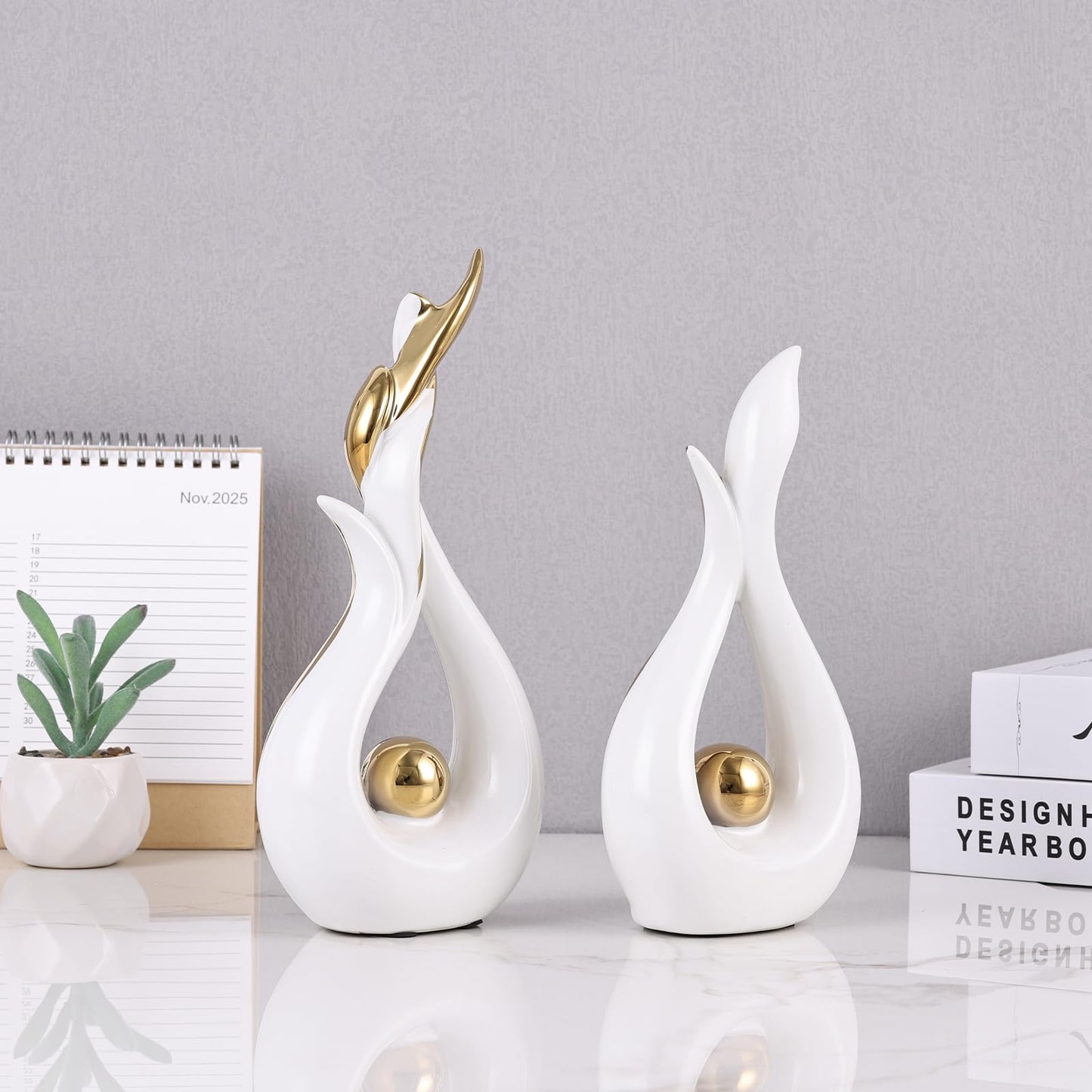 2PCS Abstract Flame Ceramic Sculpture Set – Modern Figurines for Living Room Table Centerpiece, Dining Table Decor, Bedroom Table Decor, Shelf Sculpture, Fireplace, and Home Decoration (White Gold)