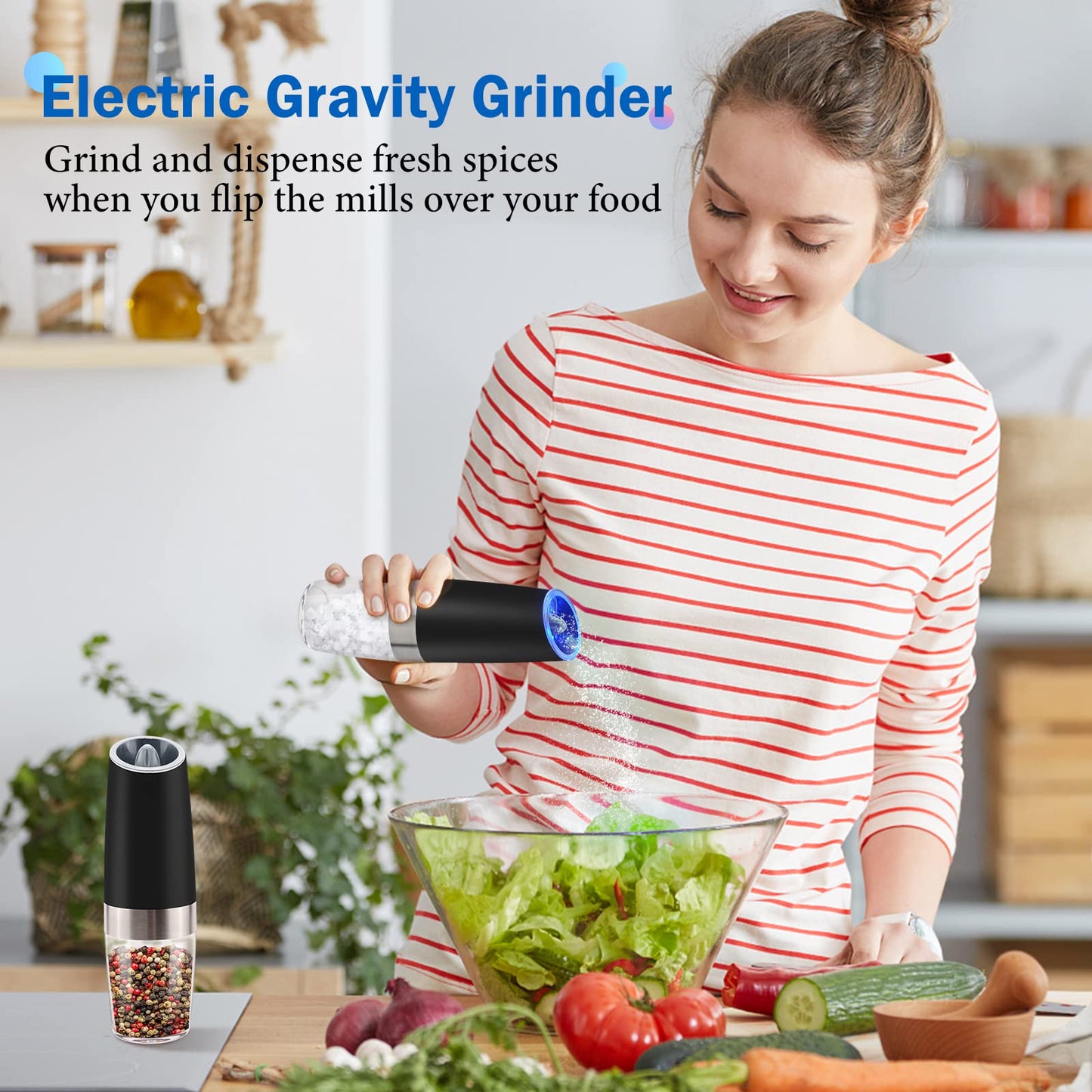 Gravity Electric Salt and Pepper Grinder Set, Battery Powered LED Light One Hand Automatic Operation, Adjustable Coarseness Mill Grinders Shakers Black (A.Black 2p)