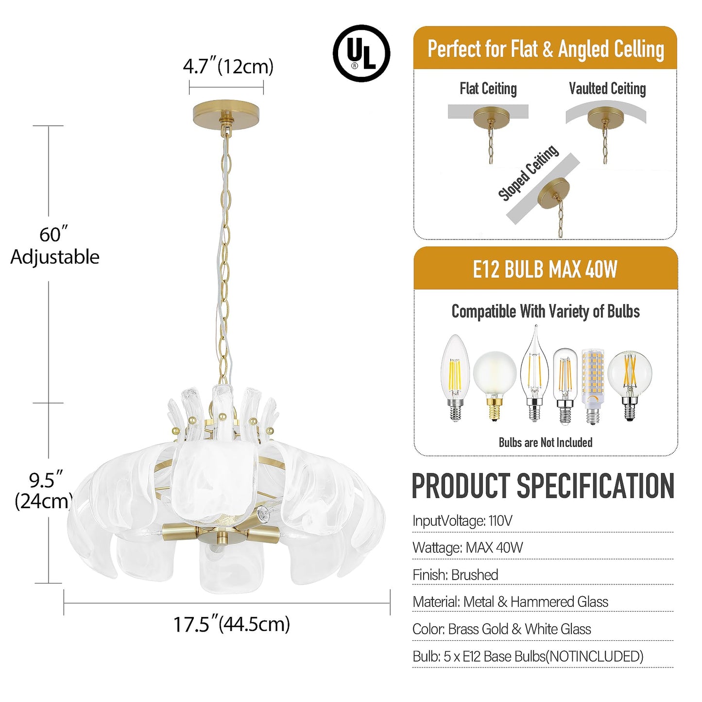 Wrlmfy Hammered Alabaster Glass Chandelier, 18" Hand-Blown Glass Pendant Brass Gold Hanging Lighting Fixture for Kitchen Island Dining Living Room Entryway, E12 Base (Gold & White Hammered Glass)